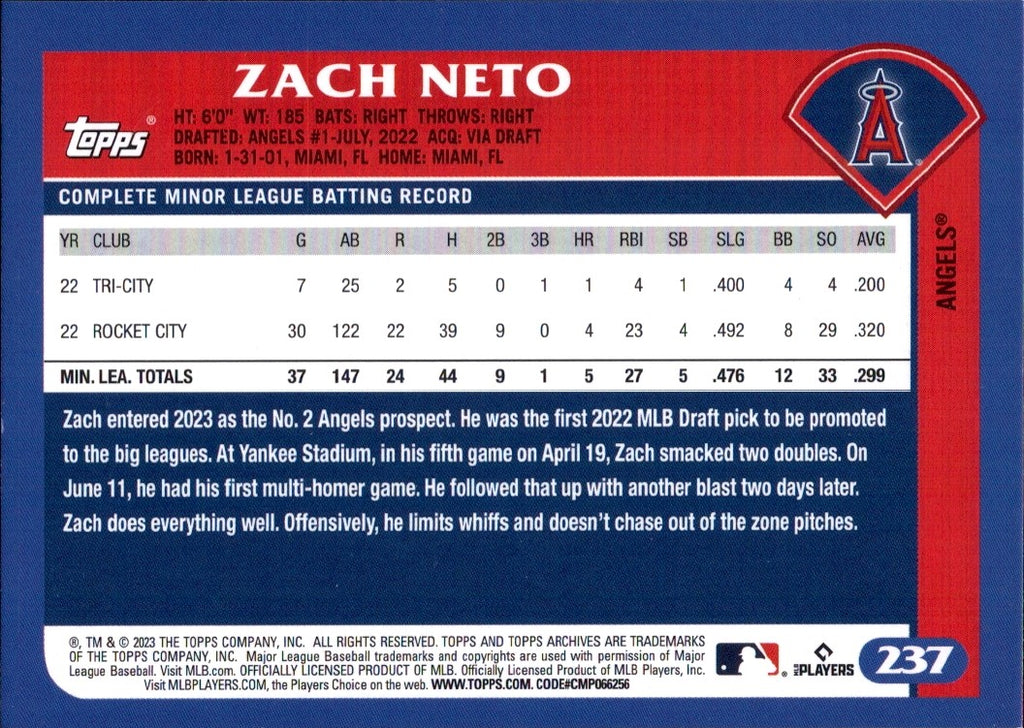 2023 Topps Archives #237 Zach Neto RC Los Angeles Angels