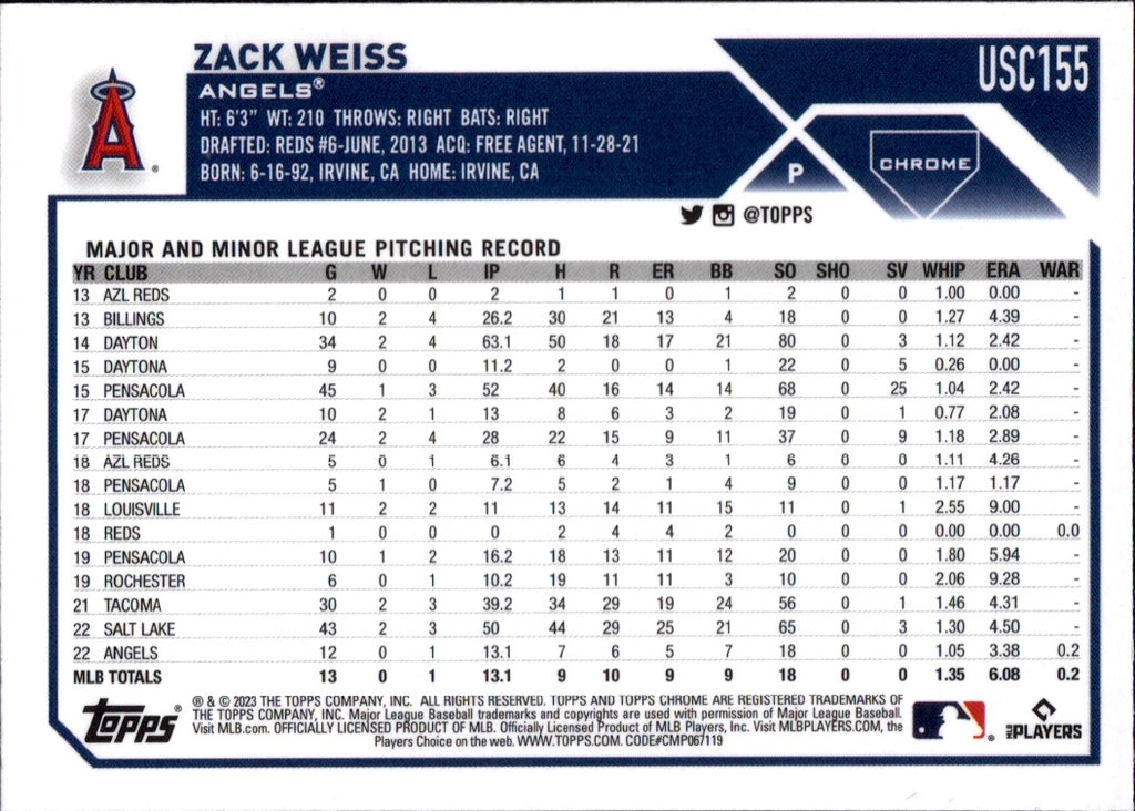 2023 Topps Chrome Update #USC155 Zack Weiss RC Los Angeles Angels
