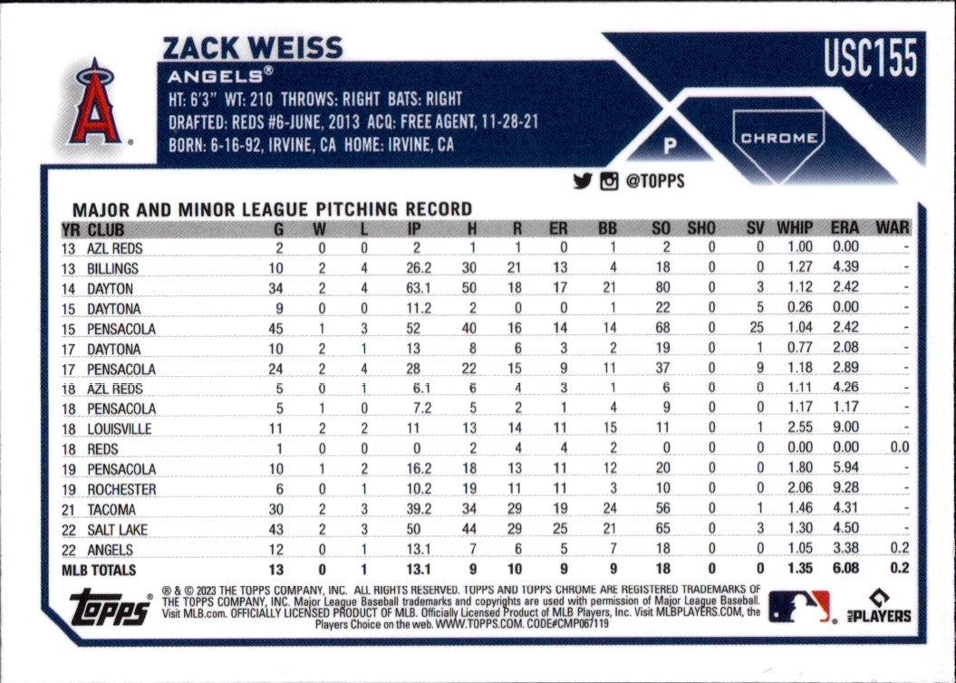 2023 Topps Chrome Update #USC155 Zack Weiss RC Los Angeles Angels