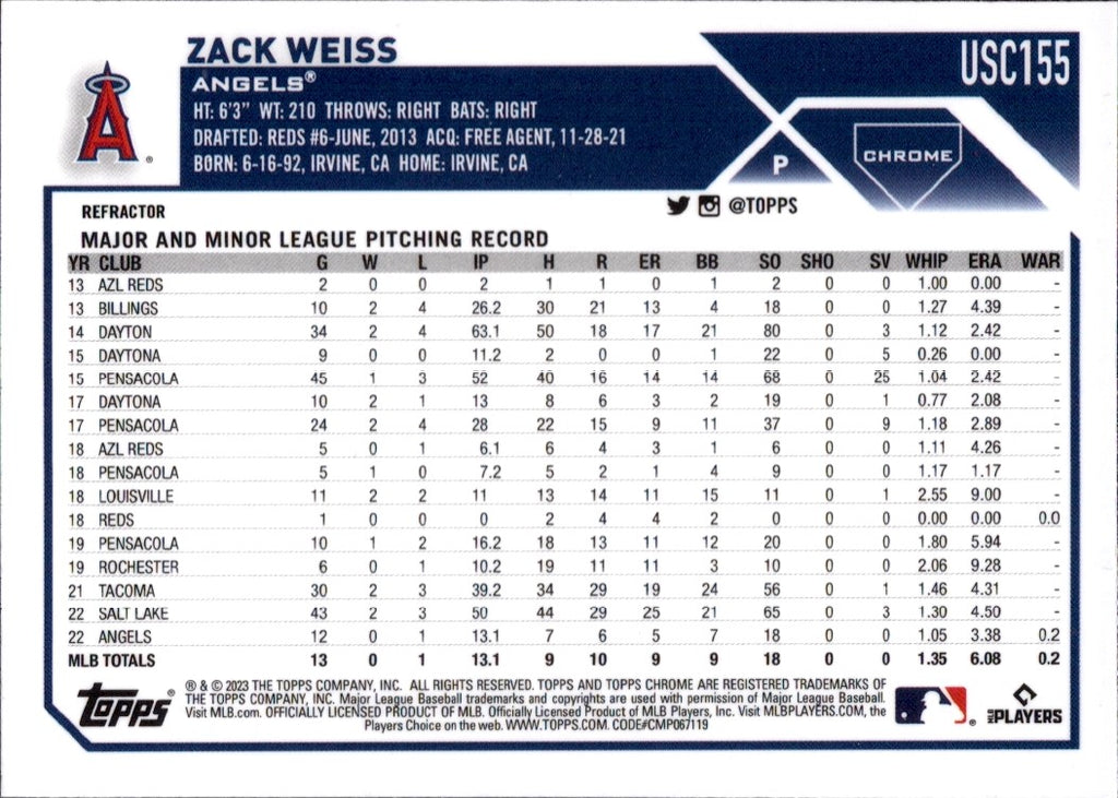 2023 Topps Chrome Update Refractor #USC155 Zack Weiss RC Los Angeles Angels
