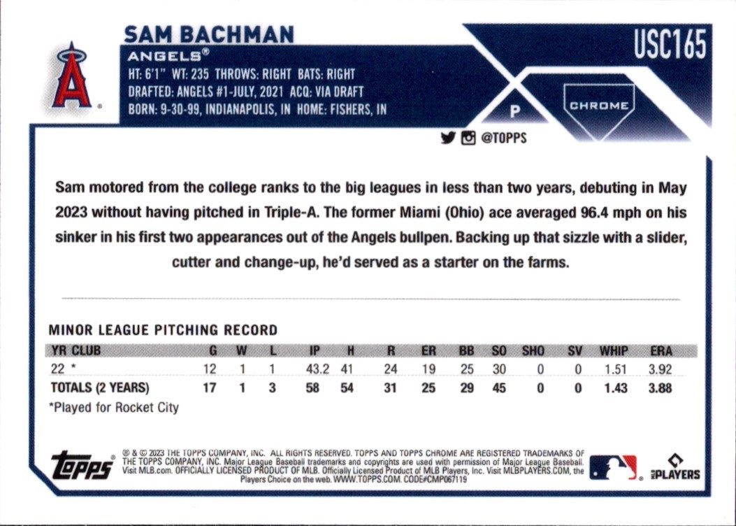 2023 Topps Chrome Update Prism #USC165 Sam Bachman RC Los Angeles Angels