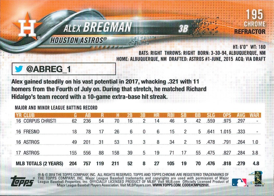 2018 Topps Chrome Sepia Refractor #195 Alex Bregman Houston Astros