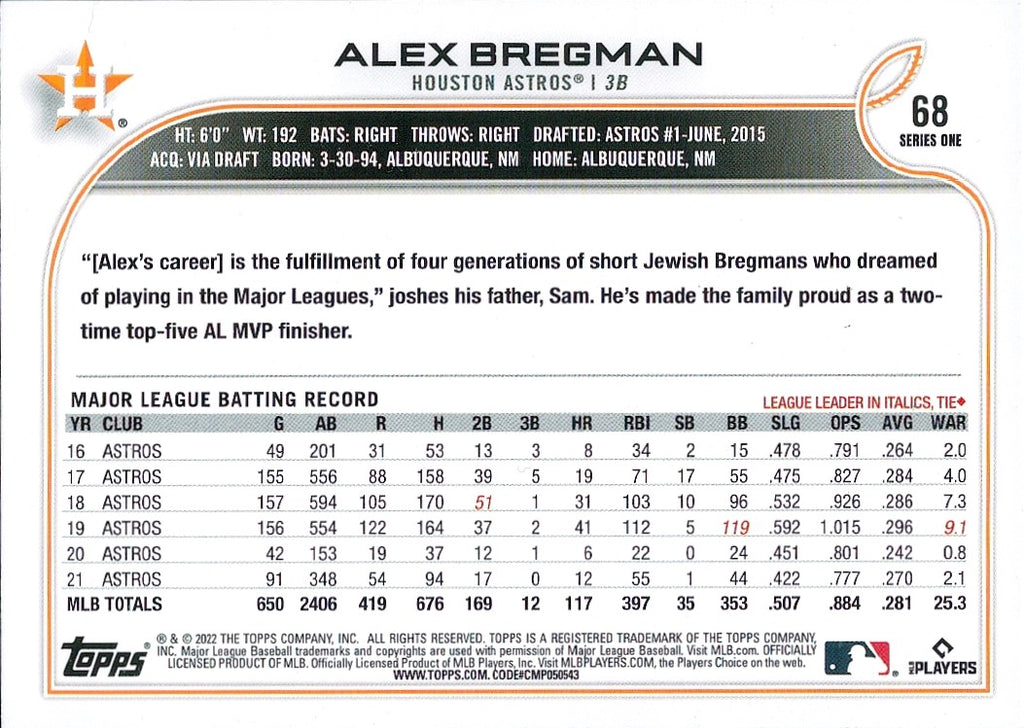 2022 Topps Rainbow Foil #68 Alex Bregman Houston Astros