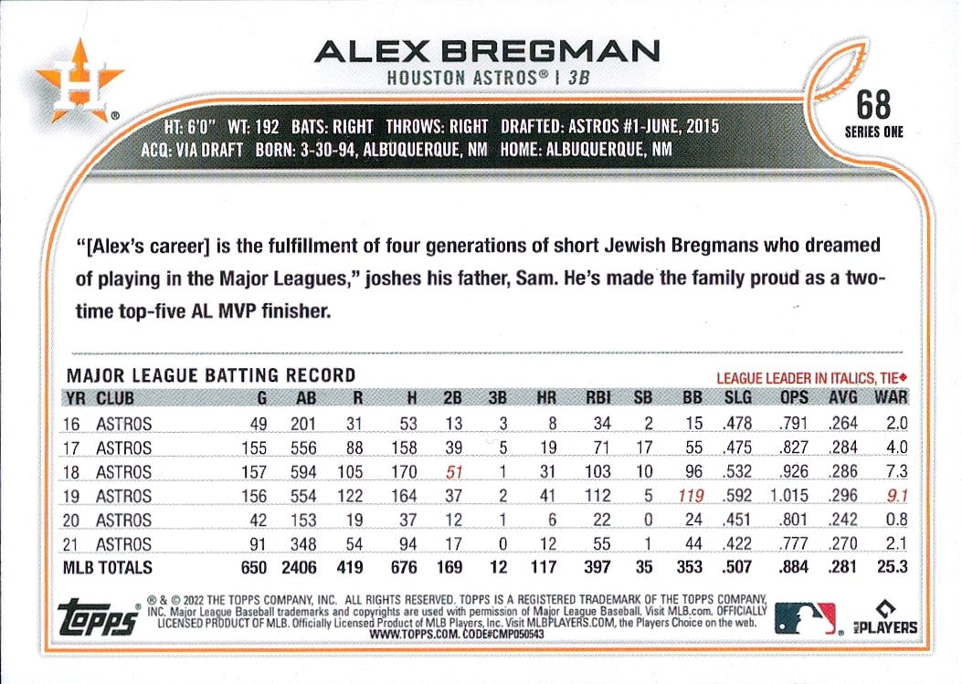 2022 Topps Rainbow Foil #68 Alex Bregman Houston Astros