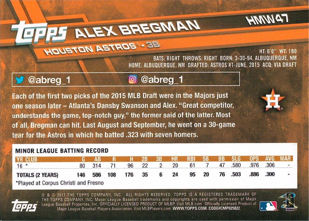 2017 Topps Holiday #HMW47 Alex Bregman RC Houston Astros