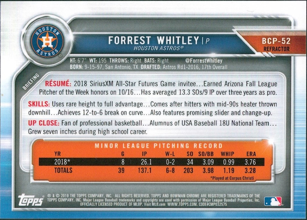2019 Bowman Chrome Prospects Refractor #BCP-52 Forrest Whitley #/499 Astros