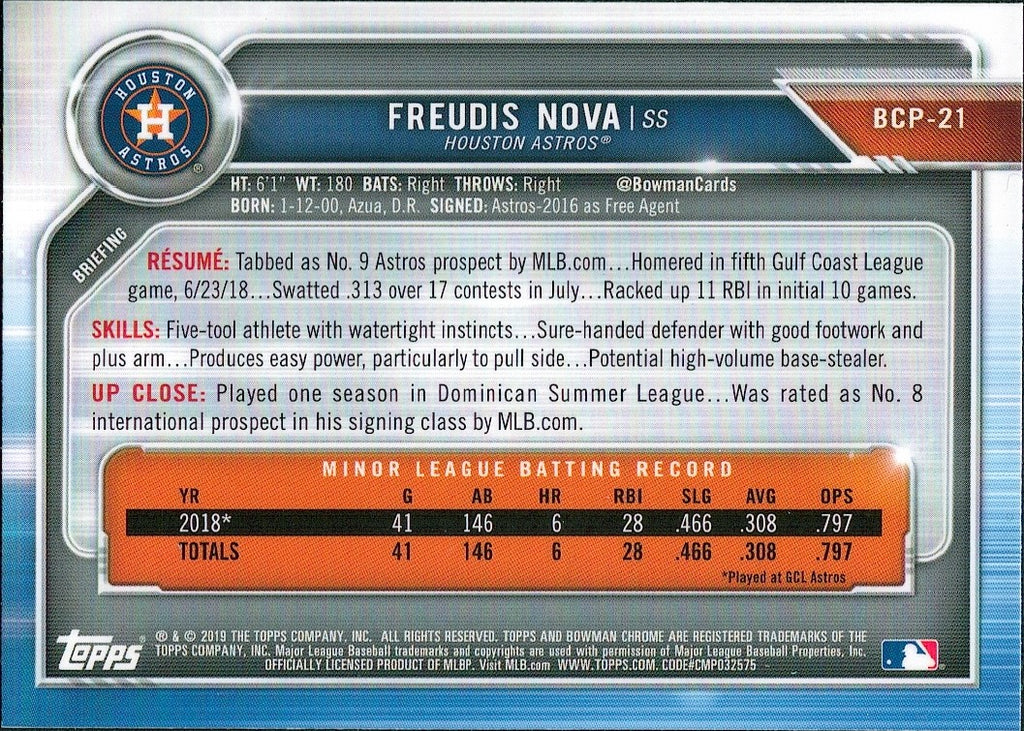 2019 Bowman Chrome Prospects #BCP-21 Freudis Nova Houston Astros