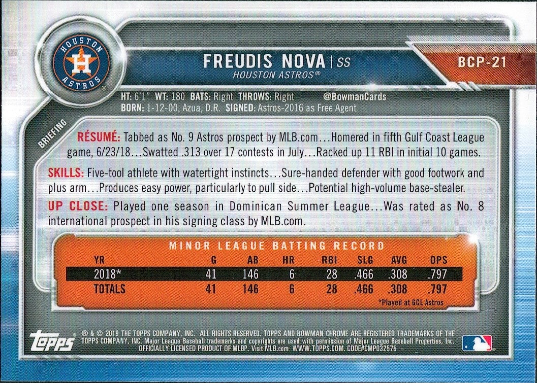 2019 Bowman Chrome Prospects #BCP-21 Freudis Nova Houston Astros