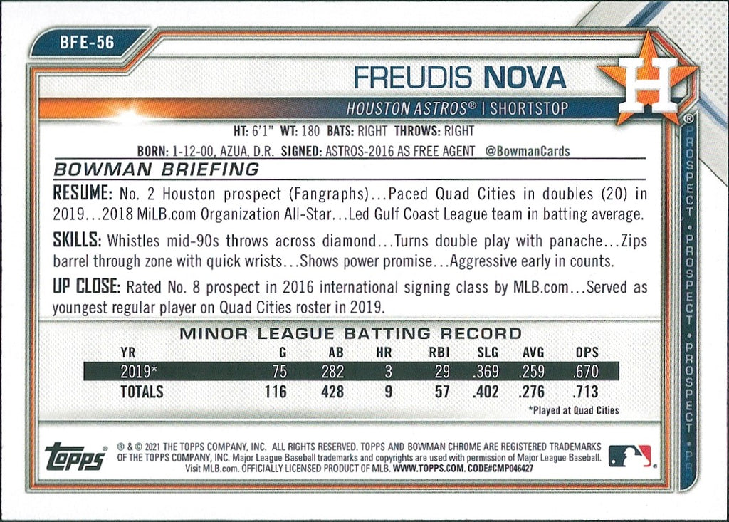 2021 Bowman 1st Edition Blue #BFE-56 Freudis Nova #/150 Houston Astros