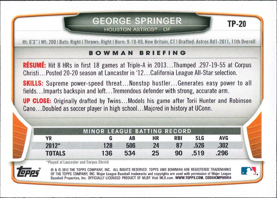 2013 Bowman Draft Picks & Prospects Top Prospects #TP-20 George Springer Astros