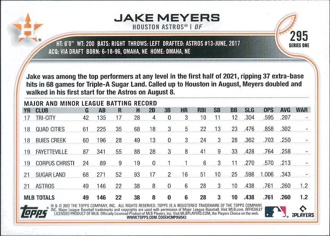 2022 Topps Rainbow Foil #295 Jake Meyers RC Houston Astros