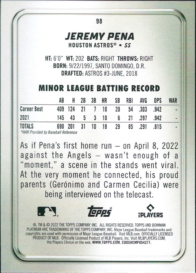 2022 Bowman Platinum #98 Jeremy Pena RC Houston Astros