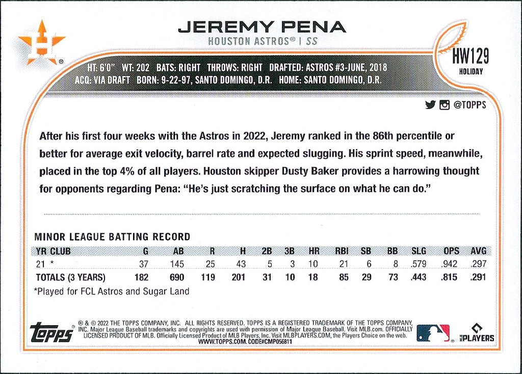 2022 Topps Holiday Metallic #HW129 Jeremy Pena Rookie Houston Astros