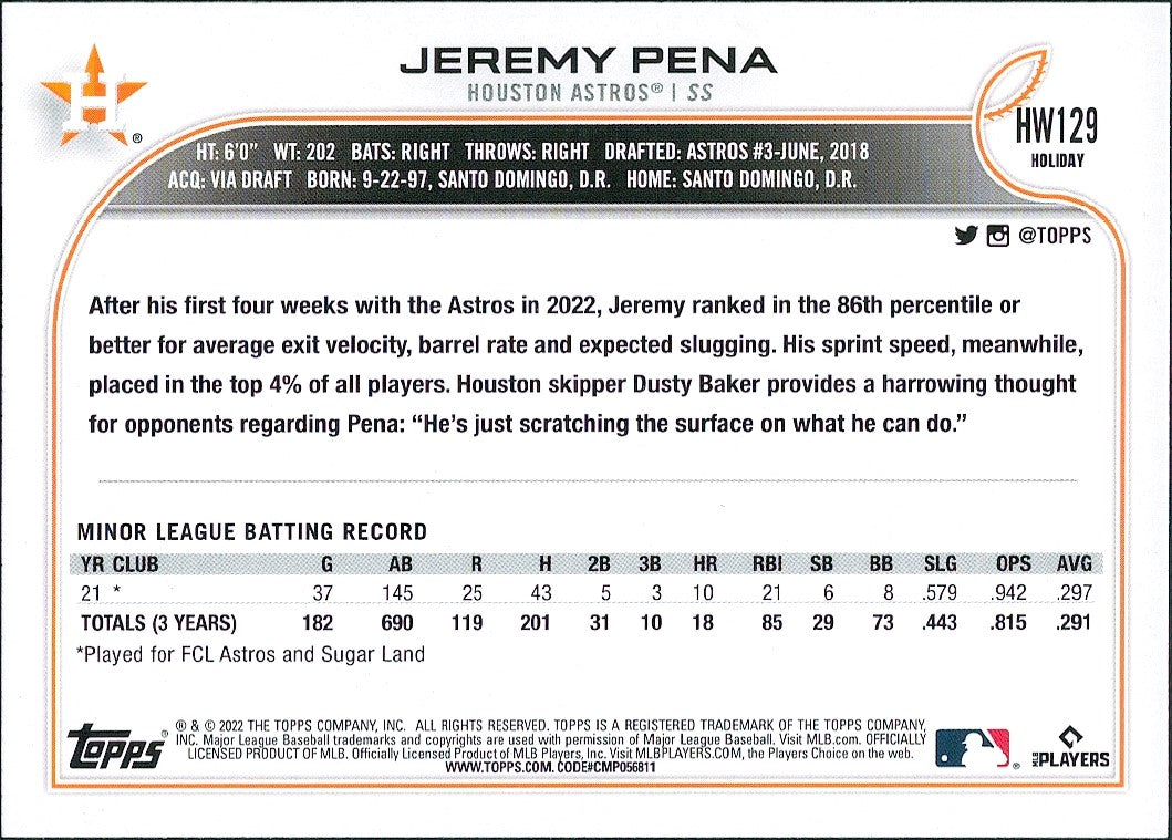 2022 Topps Holiday Metallic #HW129 Jeremy Pena Rookie Houston Astros