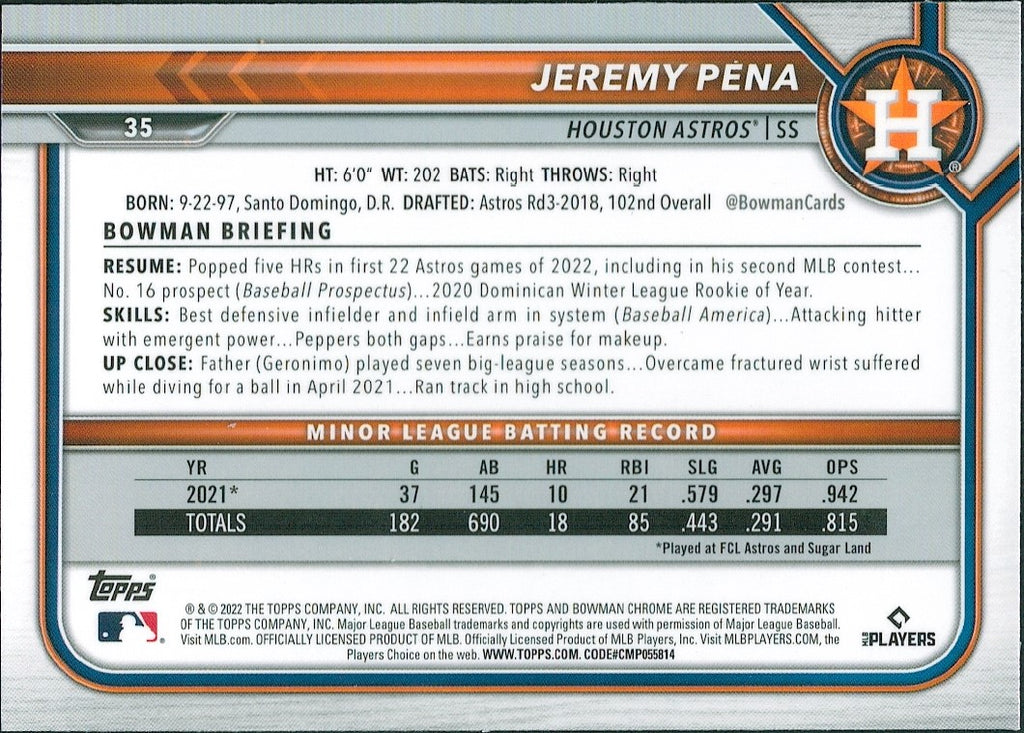 2022 Bowman Chrome #35 Jeremy Pena RC Houston Astros