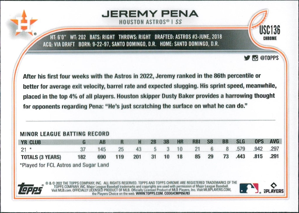 2022 Topps Chrome Update #USC136 Jeremy Pena RC Houston Astros
