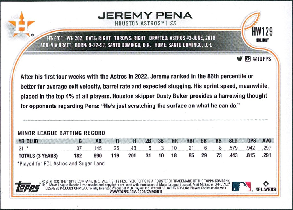 2022 Topps Holiday #HW129 Jeremy Pena RC Houston Astros