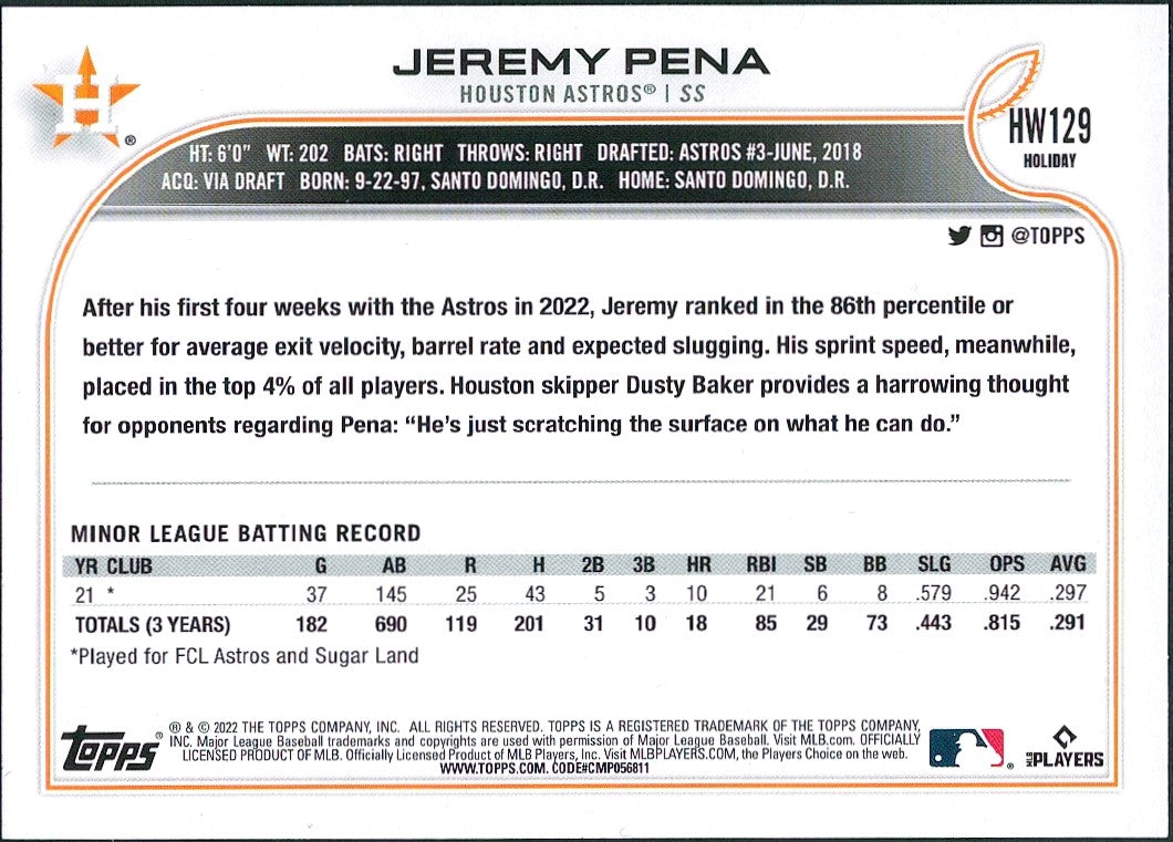 2022 Topps Holiday #HW129 Jeremy Pena RC Houston Astros