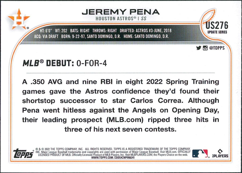 2022 Topps Update #US276 Jeremy Pena RC Houston Astros