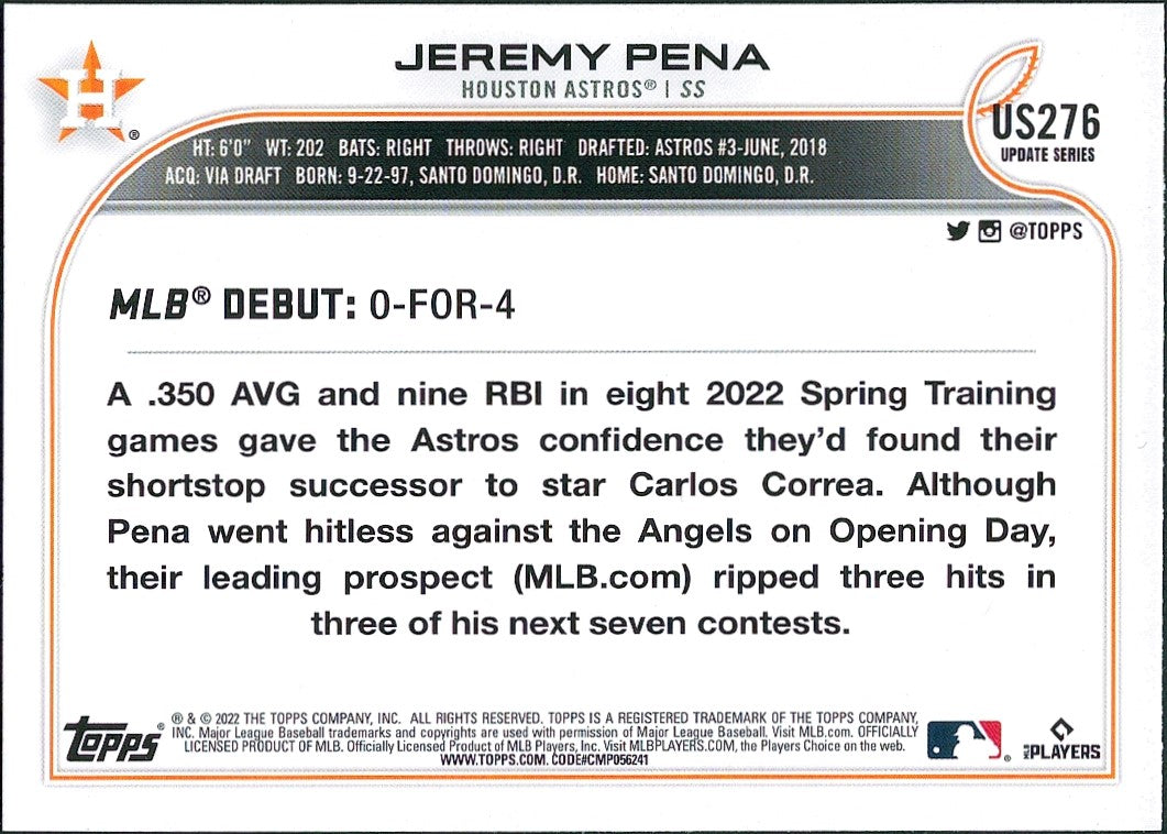 2022 Topps Update #US276 Jeremy Pena RC Houston Astros