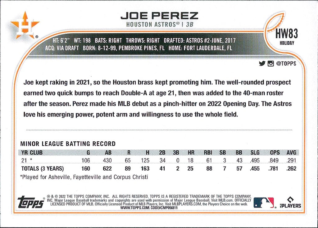 2022 Topps Holiday Metallic #HW83 Joe Perez RC Houston Astros