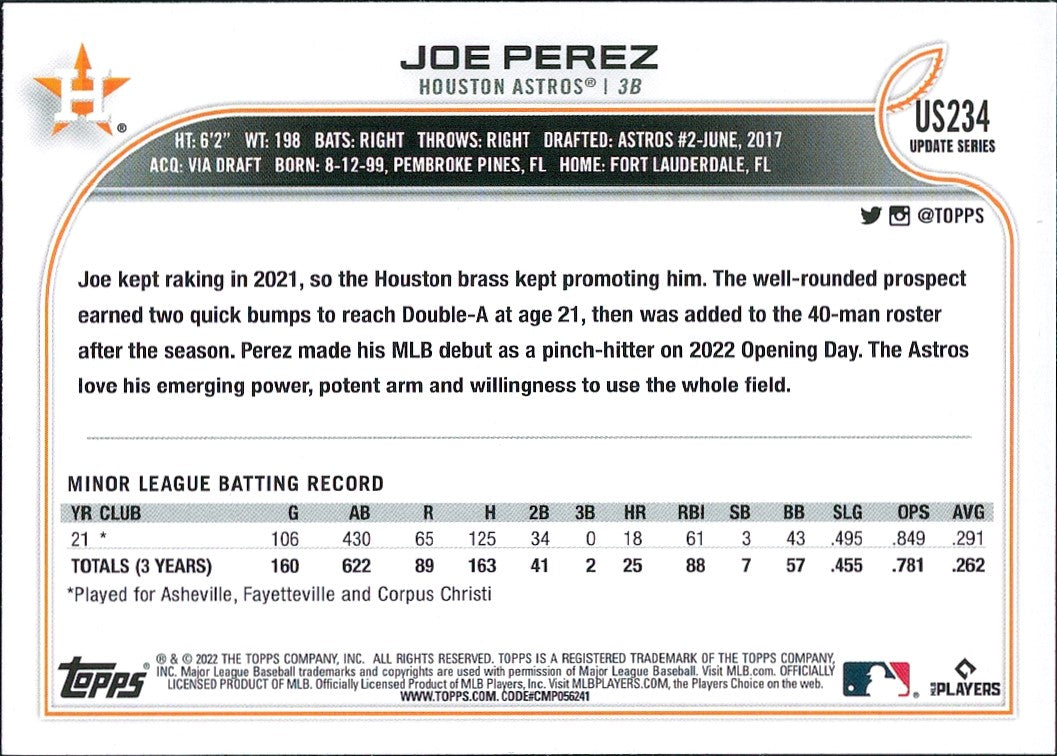 2022 Topps Update #US234 Joe Perez RC Houston Astros