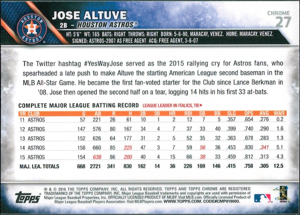 2016 Topps Chrome Prism Refractor #27 Jose Altuve Houston Astros