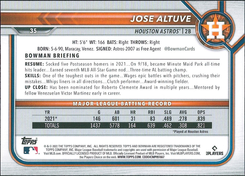 2022 Bowman Neon Green #35 Jose Altuve #/399 Houston Astros