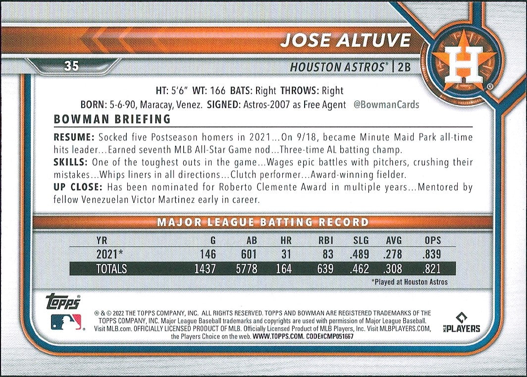 2022 Bowman Neon Green #35 Jose Altuve #/399 Houston Astros