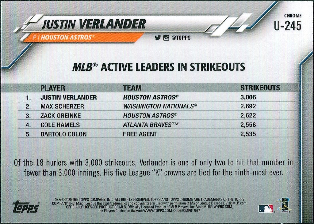 2020 Topps Chrome Update Sapphire Edition #U-245 Justin Verlander Houston Astros