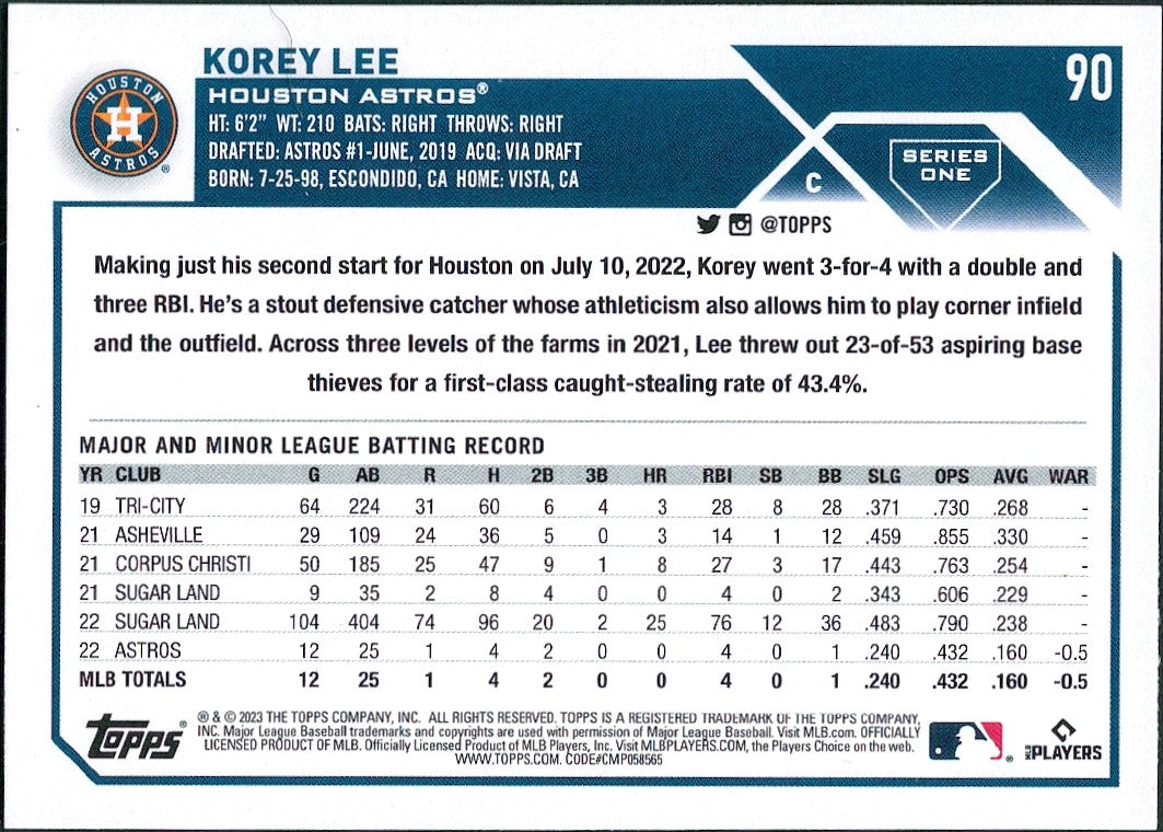 2023 Topps #90 Korey Lee RC Houston Astros
