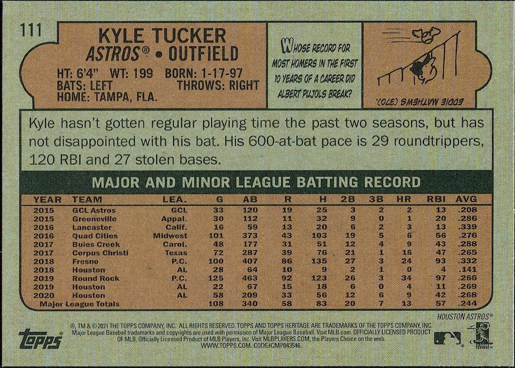 2021 Topps Heritage #111 Kyle Tucker Houston Astros