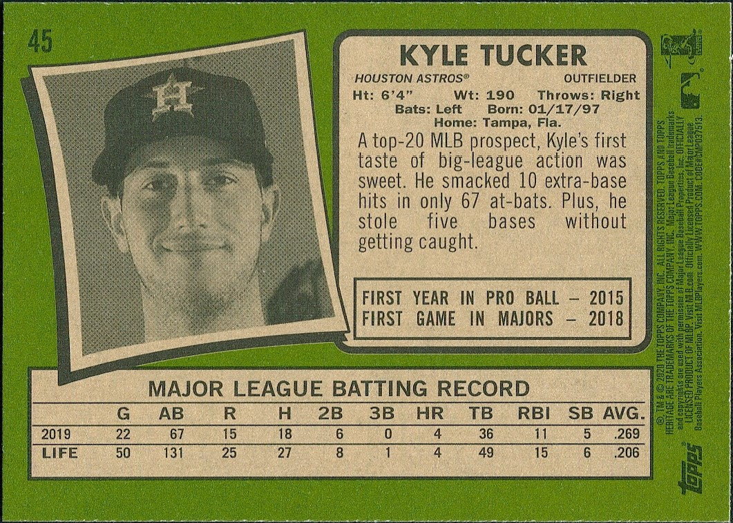 2020 Topps Heritage #45 Kyle Tucker Houston Astros
