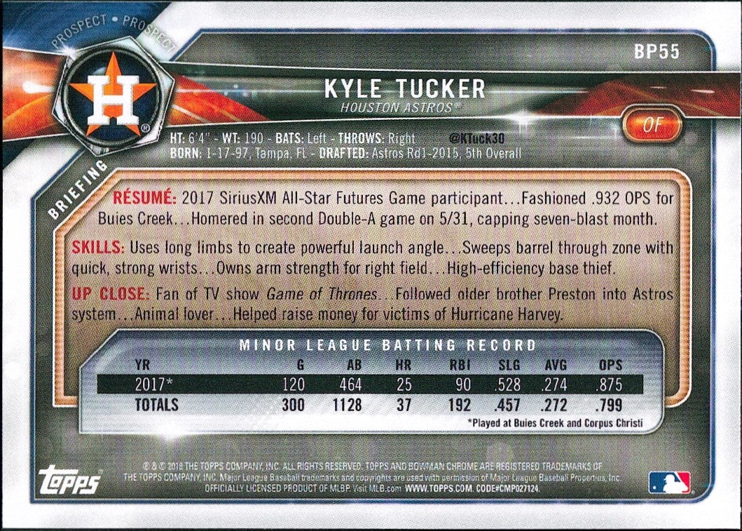 2018 Bowman Prospects #BP55 Kyle Tucker Houston Astros