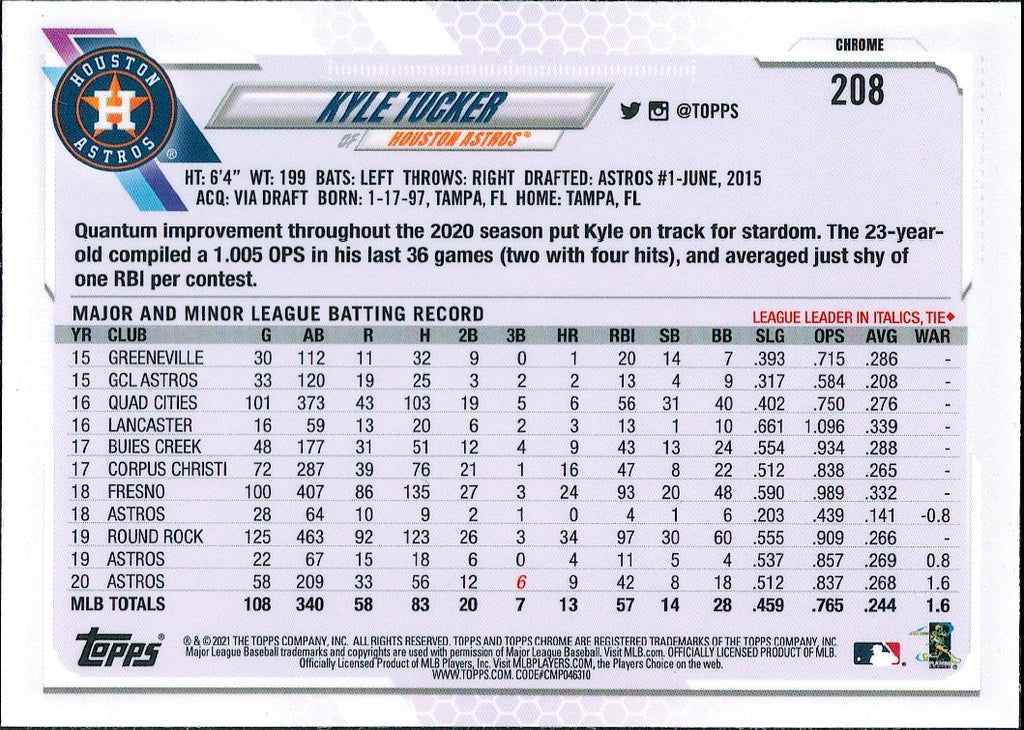 2021 Topps Chrome X-Fractor #208 Kyle Tucker Houston Astros