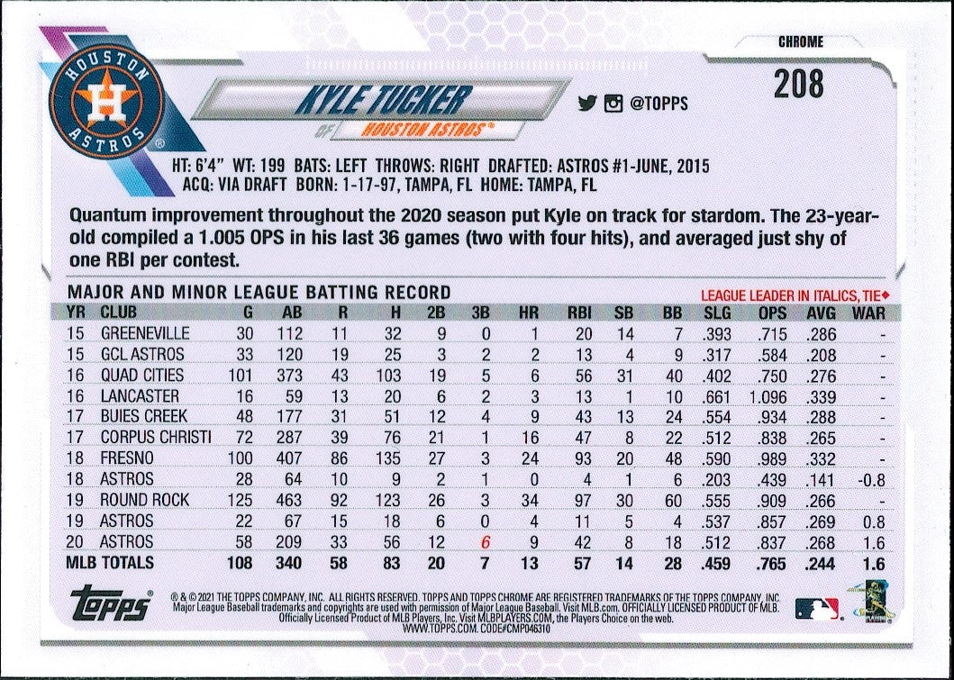 2021 Topps Chrome X-Fractor #208 Kyle Tucker Houston Astros