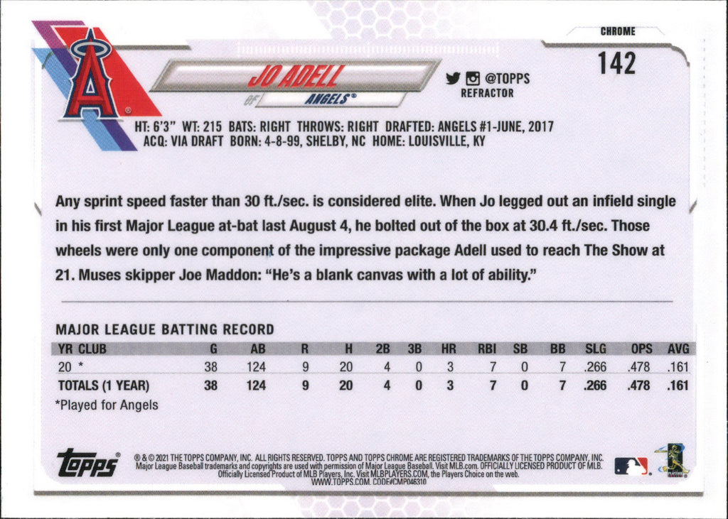 2021 Topps Chrome Refractor #142 Jo Adell RC Los Angeles Angels