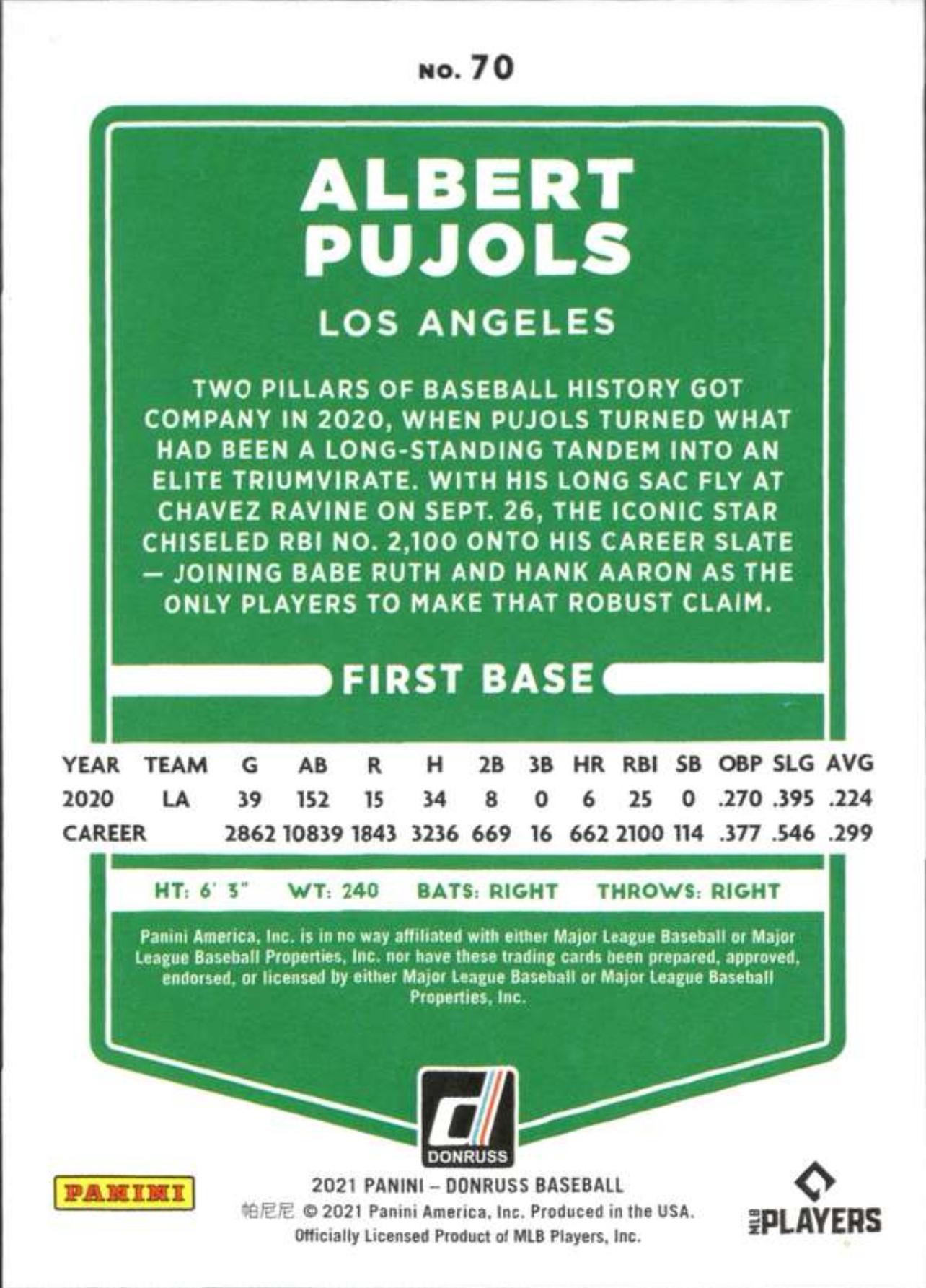 2021 Donruss Red and White Stripes #70 Albert Pujols #/2021 Los Angeles Angels