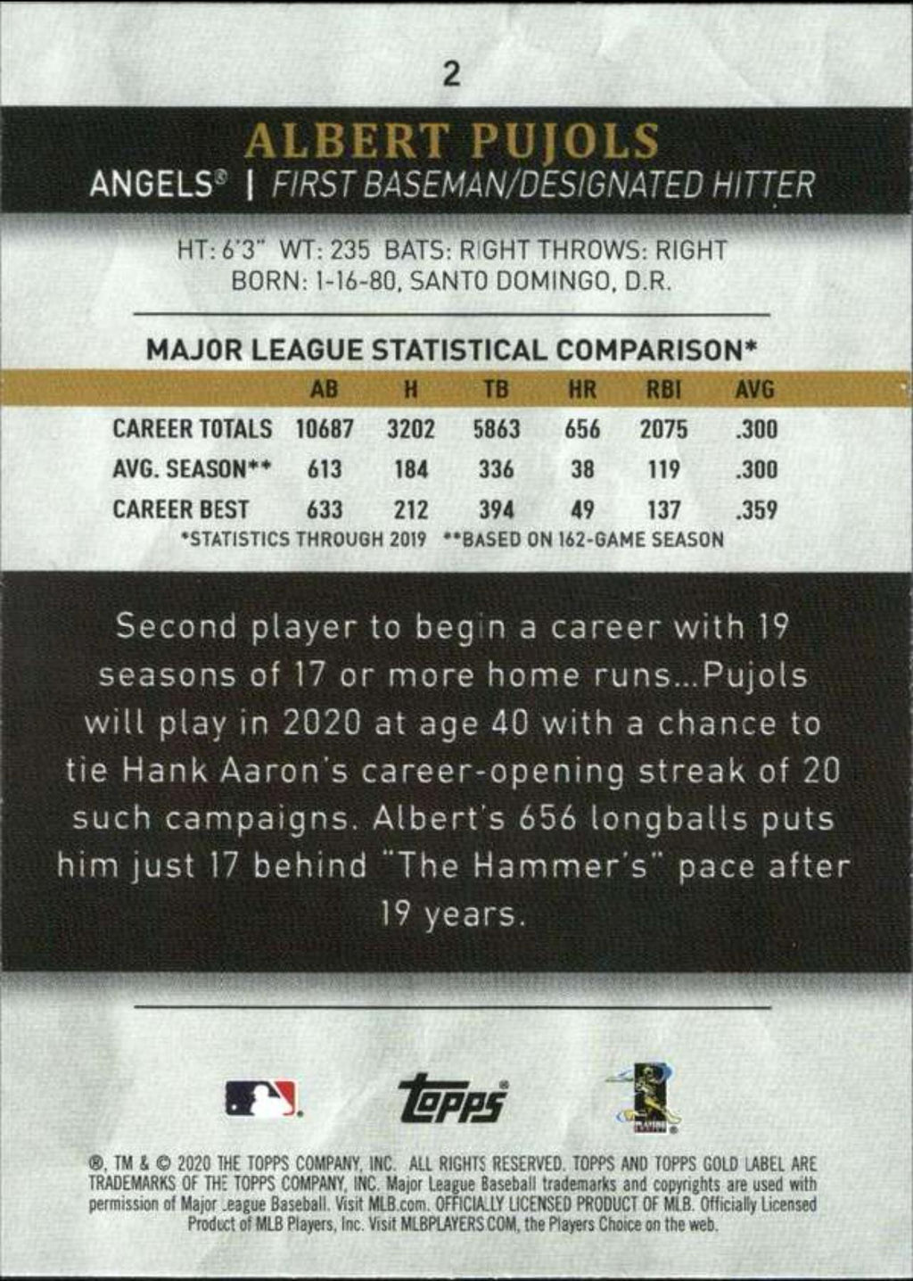 2020 Topps Gold Label Class 3 #2 Albert Pujols Los Angeles Angels