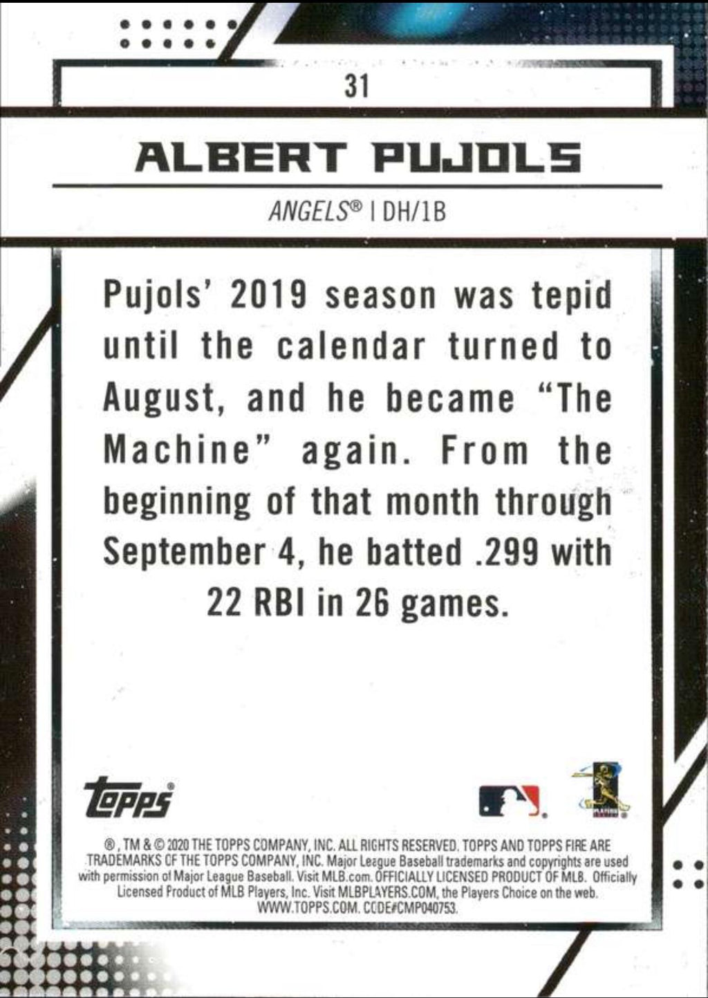 2020 Topps Fire Flame #31 Albert Pujols Los Angeles Angels