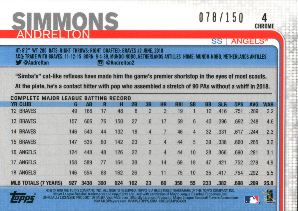 2019 Topps Chrome Blue Refractor #4 Andrelton Simmons #/150 Los Angeles Angels