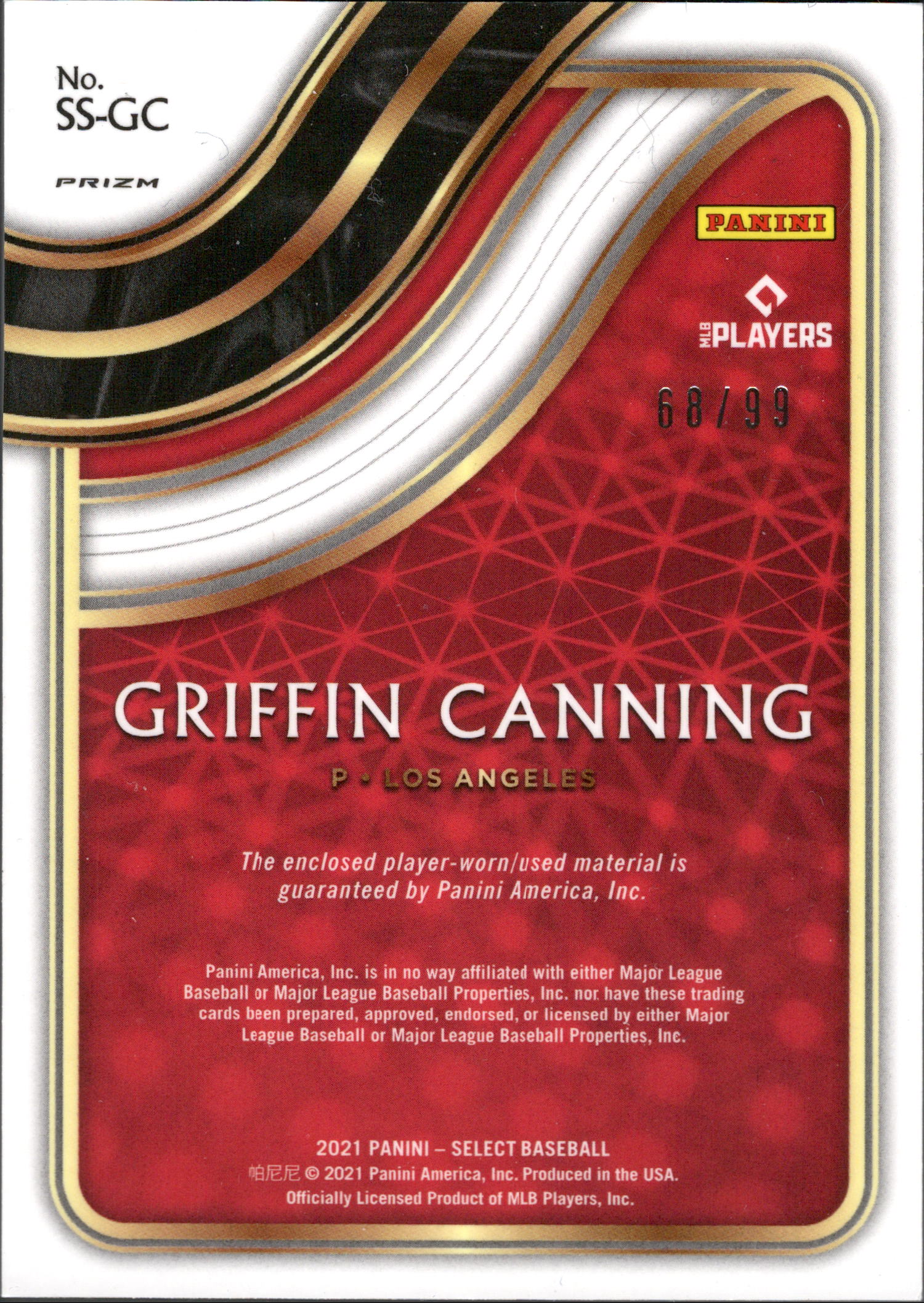 2021 Panini Select Select Swatches Tri-Color Prizm #SS-GC Griffin Canning #/99