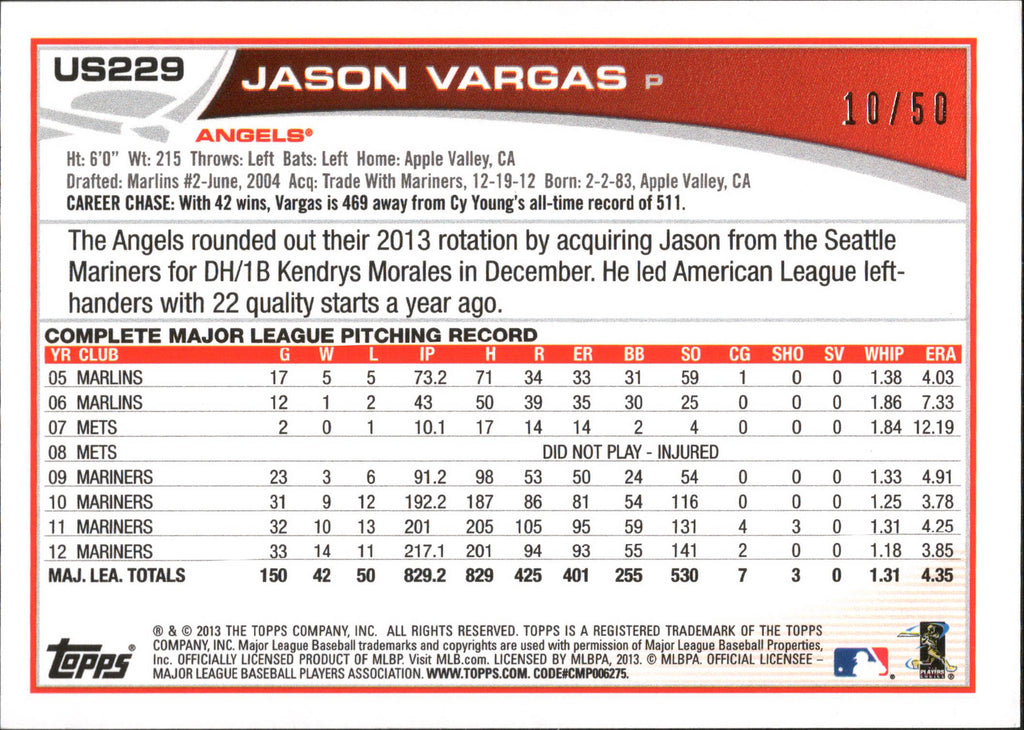 2013 Topps Update Pink #US229 Jason Vargas #/50 Los Angeles Angels
