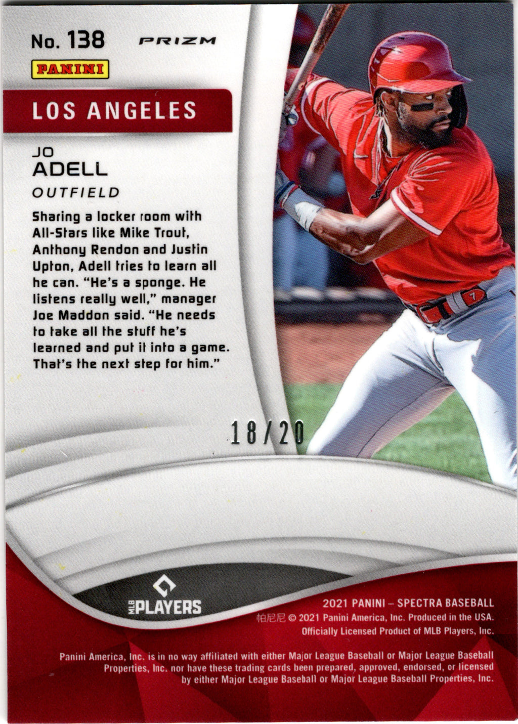 2021 Panini Spectra Neon Orange #138 Jo Adell #/20 Los Angeles Angels
