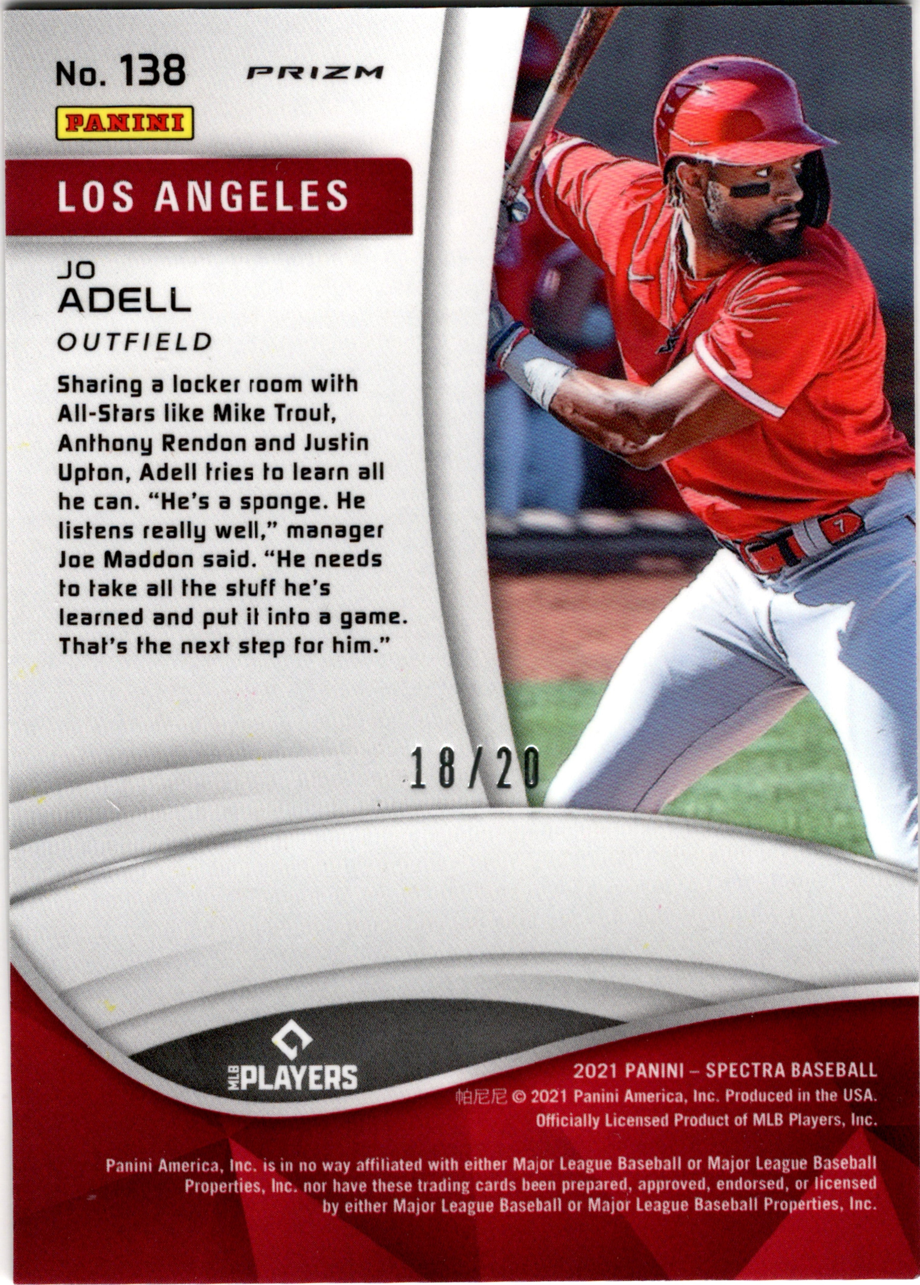 2021 Panini Spectra Neon Orange #138 Jo Adell #/20 Los Angeles Angels