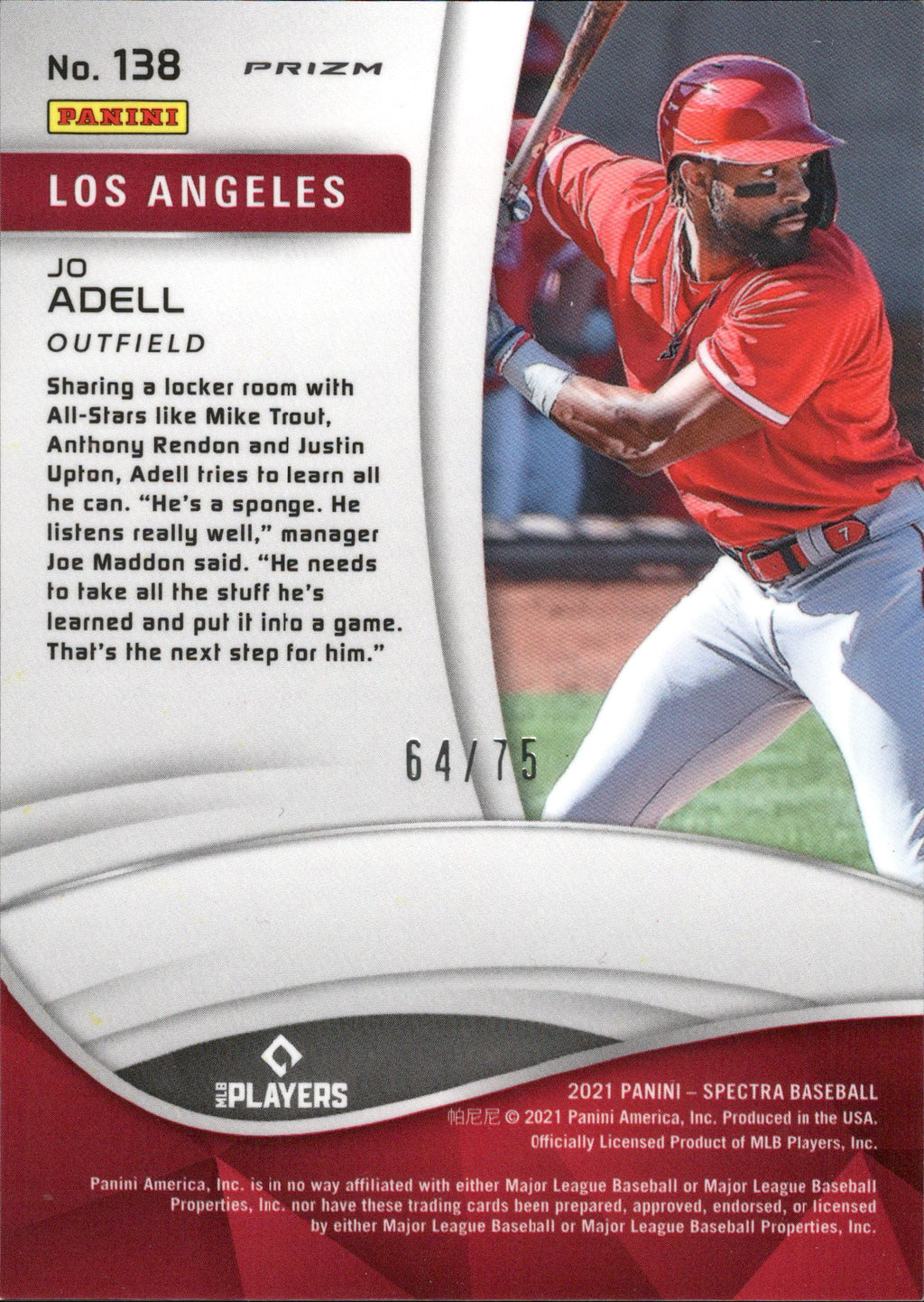 2021 Panini Spectra Hyper #138 Jo Adell RC #/75 Los Angeles Angels