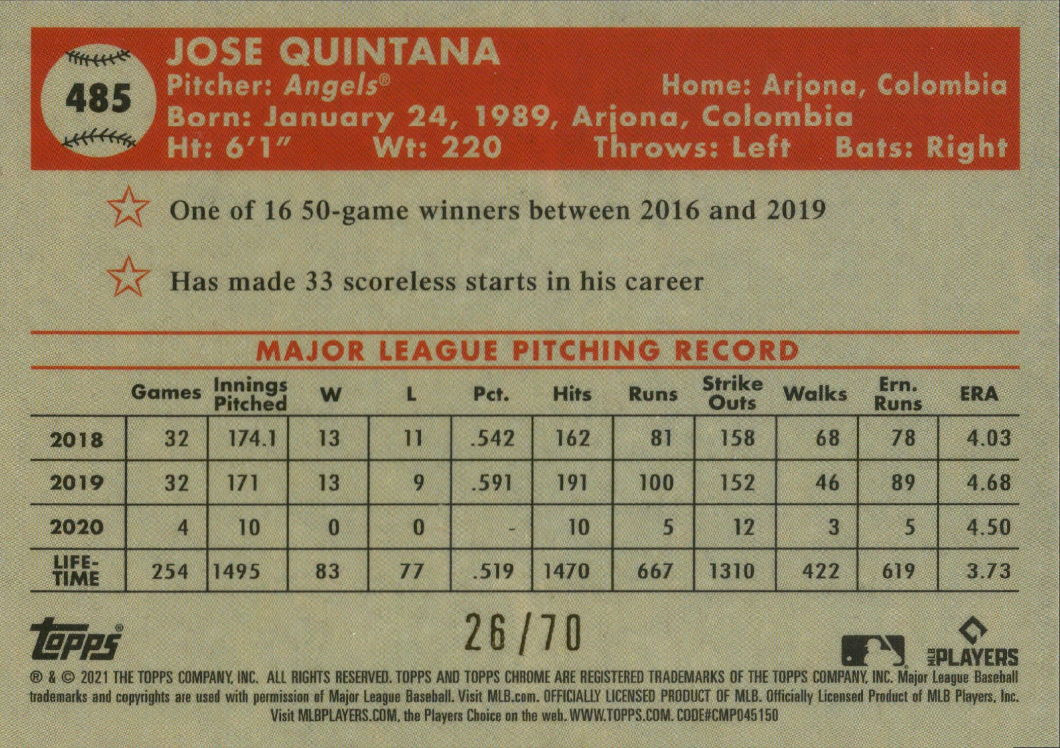 2021 Topps Chrome Platinum Anniversary 70 Mini-Diamonds #485 Jose Quintana #/70