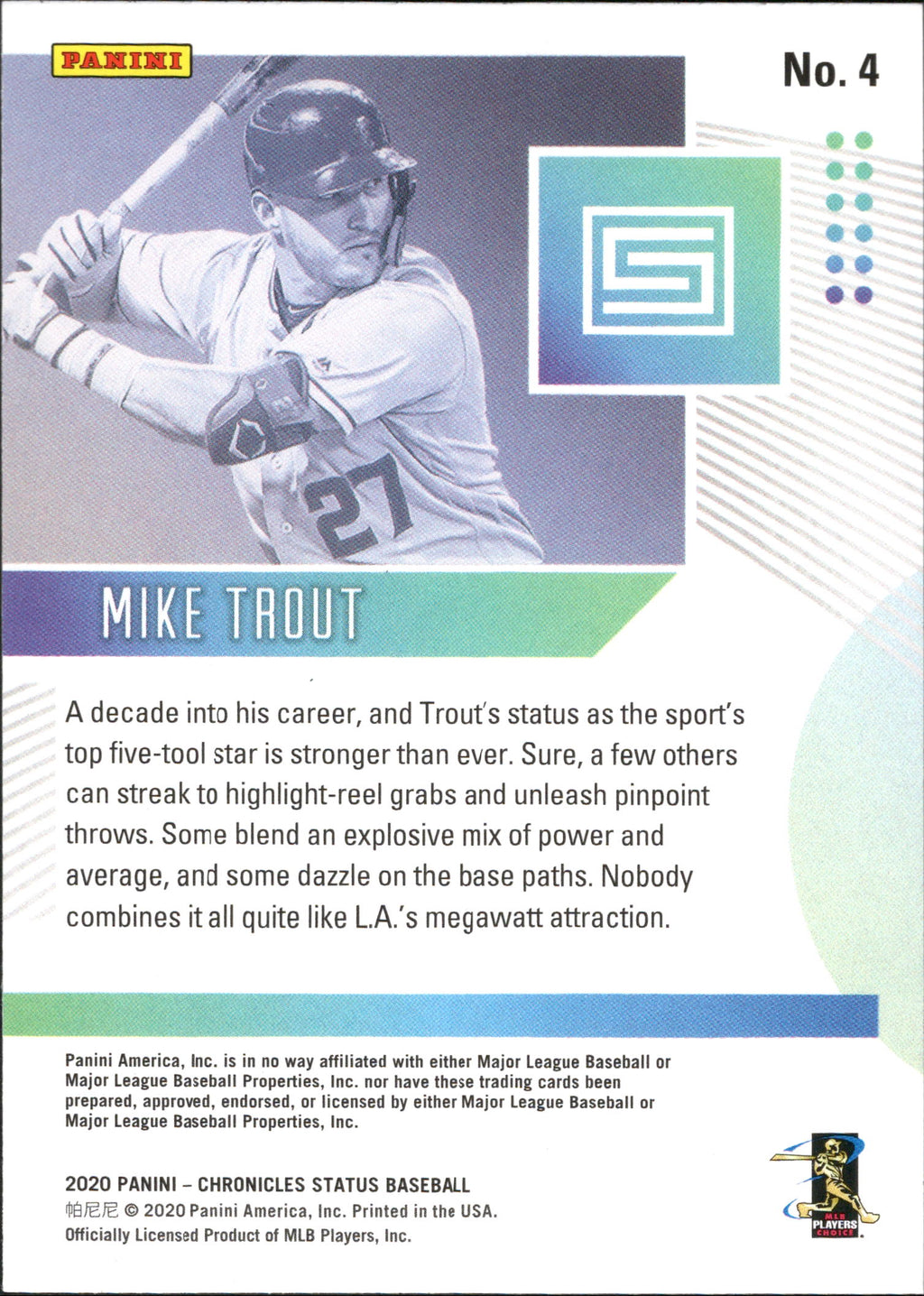 2020 Panini Chronicles Status Green #4 Mike Trout Los Angeles Angels