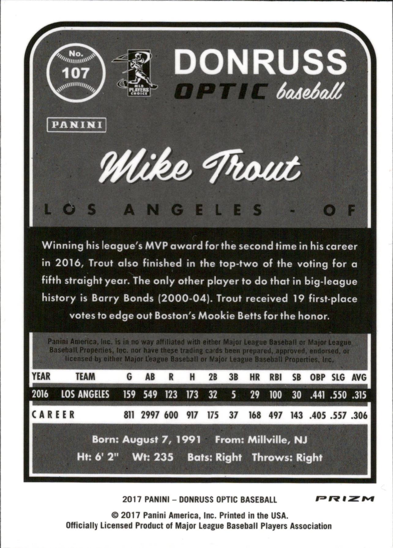 2017 Donruss Optic Holo #107 Mike Trout Los Angeles Angels