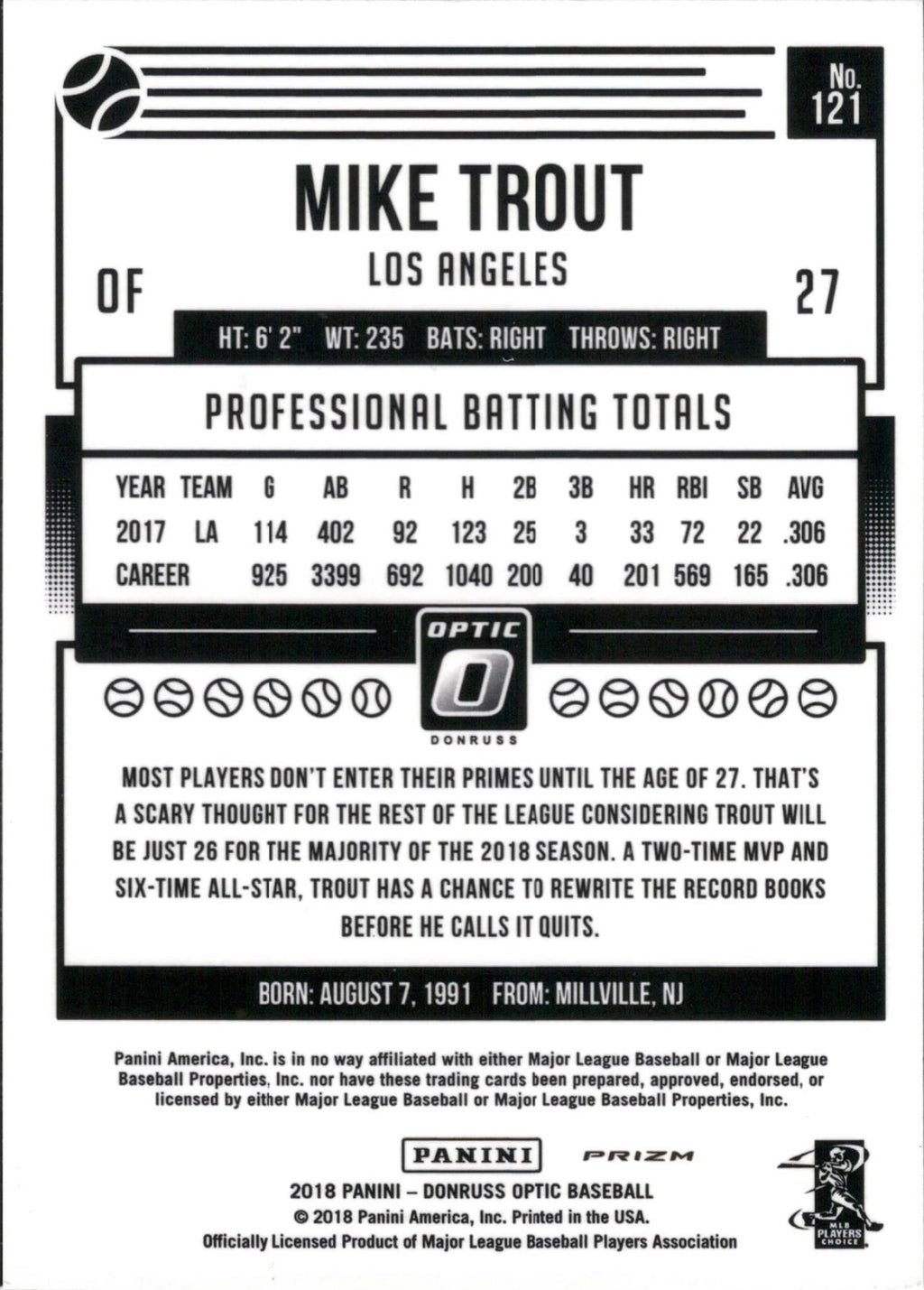 2018 Donruss Optic Pink : Post-swing #121 Mike Trout Los Angeles Angels